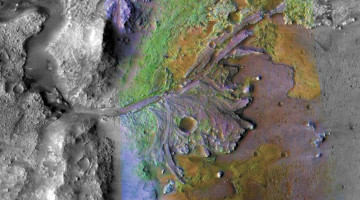 Satellittbilde av mars der ulike detaljer på overflaten kommer til syne i form av ulike farger. Kilde: NASA/JPL/JHUAPL/MSSS/Brown University