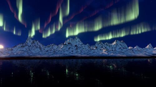 Nordlys over jorden en vinternattehimmel. Fjell langt unna i bakgrunnen.
