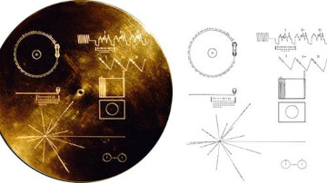 En gulldisk med inskripsjoner på høyre side. The Golden Record.