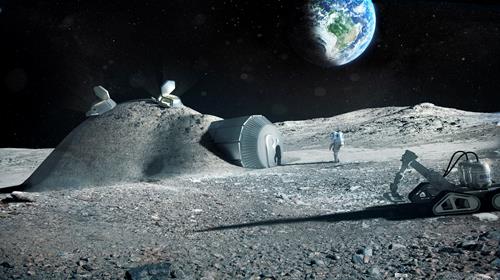 Et bilde som viser en tenkt base på månen. Jorden kan sees i det fjerne i bakgrunnen. Kilde: ESA