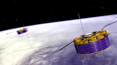Illustrasjonsbilde av sonder med antenner i bane rundt en planet.