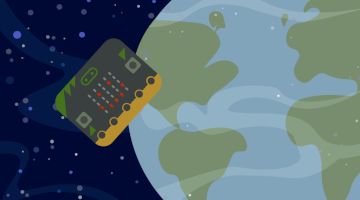 En tegning av en micro:bit mikrokontroller i bane rundt jorden.