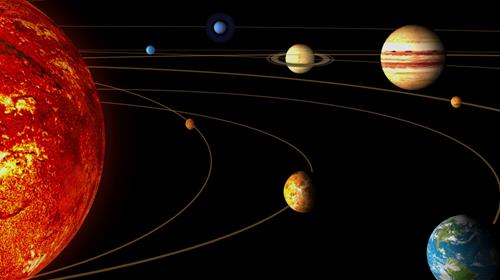 En uekte oppstilling av alle planetene i solsystemet inkludert solen.